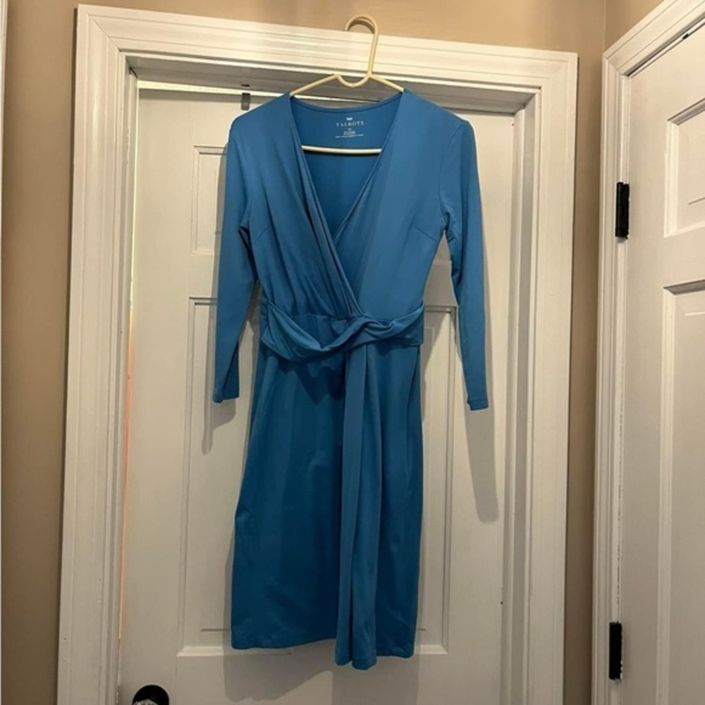 Womens Talbots 3/4 length sleeve bright blue faux wrap dress XS